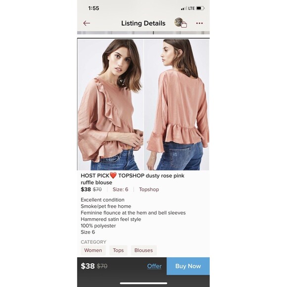 Topshop Peachy Pink Ruffle Satin Blouse Boho Flutter Bell Sleeves Size 2 - Picture 8 of 8